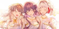 3girls ^_^ absurdres armpit_crease backlighting bare_shoulders bob_cut braid breasts brown_hair closed_eyes collarbone commentary crown_braid diagonal_bangs double_bun dress flower-shaped_hair fujishima_megumi hair_bun hair_intakes haitsuki highres holding_hands interlocked_fingers inverted_bob itsudemo_itsumademo_(love_live!) jewelry link!_like!_love_live! long_hair love_live! medium_breasts multicolored_hair multiple_girls necklace off-shoulder_dress off_shoulder official_alternate_costume otomune_kozue purple_hair red_hair short_hair simple_background streaked_hair u_u virtual_youtuber white_background white_dress white_hair yugiri_tsuzuri