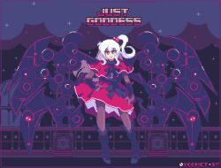 1girl black_pantyhose bow capelet comet_summoner98 dress english_text hair_bobbles hair_ornament hand_on_own_hip hexagram long_hair makai_(touhou) multiple_wings one_side_up pantyhose pixel_art red_dress red_eyes shinki_(touhou) smile solo star_(sky) touhou touhou_(pc-98) white_hair wings