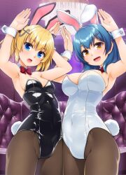 2023 2girls animal_ears aogiri_penta armpits arms_up bare_shoulders battle_girl_high_school black_bow black_leotard blonde_hair blue_eyes blue_hair blush bow bowtie breasts brown_pantyhose chandelier chinese_zodiac couch covered_navel cowboy_shot detached_collar fake_animal_ears fake_tail forte_(symbol) fortissimo hair_bow hair_ornament highleg highleg_leotard highres hondo_kaede indoors kunieda_shiho large_breasts leotard looking_at_viewer medium_breasts medium_hair multiple_girls musical_note musical_note_hair_ornament open_mouth pantyhose playboy_bunny rabbit_ears rabbit_pose rabbit_tail red_bow red_bowtie smile standing strapless strapless_leotard tail traditional_bowtie twintails white_leotard wrist_cuffs year_of_the_rabbit yellow_eyes