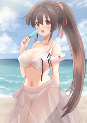 1girl bare_shoulders beach bikini breasts brown_eyes brown_hair cleavage collarbone food hair_between_eyes hair_intakes holding holding_food holding_ice_cream ice_cream kantai_collection kitagawa_mikio large_breasts long_hair navel official_alternate_costume pink_sarong sarong see-through_clothes see-through_sarong solo swimsuit very_long_hair white_bikini yamato_(kancolle) yamato_kai_ni_(kancolle) yamato_kai_ni_(swimsuit)_(kancolle)