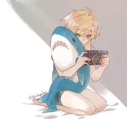 Rule 34 | 1boy, androgynous, barefoot, black male underwear, blonde hair, blue eyes, blue shirt, closed mouth, commentary, dot mouth, english commentary, holding, ikea shark, kneeling, link, long pointy ears, looking at object, male focus, male underwear, medium hair, natsuyon, nintendo, parted bangs, parted hair, pointy ears, sheikah slate, shirt, solo, stuffed animal, stuffed shark, stuffed toy, the legend of zelda, the legend of zelda: breath of the wild, twitter username, underwear
