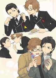 2boys ? arm_up armband arms_up black-framed_eyewear black_hair black_jacket black_ribbon brown_coat brown_eyes brown_hair cake cake_slice chewing closed_eyes coat collared_jacket collared_shirt commentary_request cropped_torso cup disposable_cup drinking drinking_straw drinking_straw_in_mouth elbow_rest eye_contact food food_wrapper fork gekkoukan_high_school_uniform glasses grey_jacket hair_slicked_back hiraga_keisuke holding holding_cup holding_fork holding_plate holding_utensil index_finger_raised isa_(peien516) jacket lapels layered_sleeves long_sleeves looking_at_another male_focus multiple_boys multiple_views neck_ribbon odagiri_hidetoshi open_mouth parted_bangs parted_lips patterned_clothing persona persona_3 plaid_clothes plaid_shirt plate pocky pocky_kiss popped_collar rectangular_eyewear ribbon school_emblem school_uniform semi-rimless_eyewear shared_food shirt sitting v-shaped_eyebrows wavy_hair white_shirt wing_collar yaoi yellow_armband