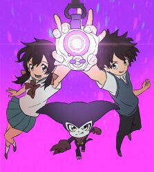 1girl 2boys ai_(digimon) digimon digimon_(creature) gloves green_eyes highres imp impmon makoto_(digimon) multiple_boys