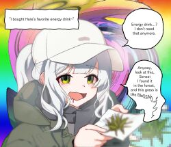 1girl bar_censor black_scarf blue_archive censored commentary drooling english_commentary english_text green_eyes green_jacket grey_hair grey_hat hare_(blue_archive) hare_(camp)_(blue_archive) hat holding hood hood_down hooded_jacket jacket long_hair looking_at_viewer marijuana mouth_drool open_mouth ponytail scarf sidelocks solo speech_bubble upper_body yongkak