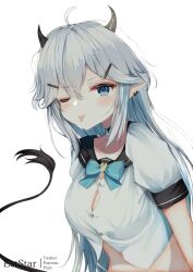 1girl ;p ahoge aties20 black_sailor_collar blue_bow blue_eyes bow collarbone commentary_request ear_piercing grey_hair hair_between_eyes hair_ornament hairclip heart horns indie_virtual_youtuber long_hair looking_at_viewer one_eye_closed piercing pointy_ears puffy_short_sleeves puffy_sleeves sailor_collar school_uniform serafuku shirt short_sleeves simple_background solo striped_bow tail tongue tongue_out upper_body vei_(vtuber) vei_(vtuber)_(11th_costume) very_long_hair virtual_youtuber white_background white_shirt