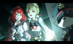 2girls alice_thymefield animal_ears black_bow black_bowtie black_choker black_sailor_collar black_serafuku blonde_hair bow bowtie braided_twintails cardigan chinese_commentary choker commentary_request dutch_angle flashlight green_eyes highres holding holding_flashlight indoors long_hair long_sleeves multiple_girls open_mouth orange_eyes pink_cardigan red_hair sailor_collar school_uniform serafuku shirt so_zei_tama_tama ukinami_yuzuha white_bow white_bowtie white_shirt zenless_zone_zero