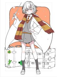 blush bob_cut border breasts bright_pupils brown_eyes cloak closed_mouth collared_shirt commentary crossed_bangs diagonal-striped_clothes diagonal-striped_necktie dress_shirt floating_cape floating_clothes flower full_body gekota grey_skirt grey_socks grey_sweater gryffindor hair_between_eyes hair_flower hair_ornament hairclip hand_on_own_hip hand_up harry_potter_(series) highres holding holding_wand kneehighs loafers looking_at_viewer necktie niea nose_blush orange_background parody partially_colored pleated_skirt red_necktie red_scarf red_trim scarf school_uniform shirt shoes short_hair skirt small_breasts smile socks squeans standing striped_clothes striped_scarf suitcase sweater toaru_kagaku_no_railgun toaru_majutsu_no_index trim_marks two-tone_necktie two-tone_scarf v-neck wand white_border white_shirt wizarding_world yellow_necktie yellow_scarf yellow_trim