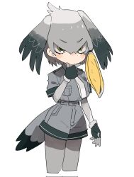 1girl bird_girl bird_tail bird_wings black_gloves black_hair black_trim blonde_hair blush collared_shirt cowboy_shot elbow_gloves epaulettes fingerless_gloves gloves green_eyes grey_gloves grey_hair grey_pantyhose grey_shirt grey_shorts hair_between_eyes hand_on_own_chin head_wings highres kemono_friends multicolored_hair naka_(buttergirl_02) necktie pantyhose shirt shirt_tucked_in shoebill_(kemono_friends) short_sleeves shorts sidelocks solo t-shirt tail white_necktie wings