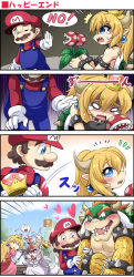 1boy 3girls 4koma =_= ?_block ^^^ arm_hug armlet attack bare_arms bare_shoulders black_collar black_dress blank_eyes blocking blonde_hair blood blue_eyes blush boo_(mario) borrowed_design bowser bowsette bracelet brown_eyes brown_hair claws collar comic commentary_request crown crying crying_with_eyes_open day dress earrings emphasis_lines empty_eyes facial_hair fang geoduck ghost ghost_tail gloom_(expression) gloves green_hair hair_between_eyes hat heart highres holding holding_weapon horns jewelry long_hair long_sleeves looking_at_another mace mario mario_(series) motion_lines multiple_girls mustache new_super_mario_bros._u_deluxe nintendo no one_eye_closed open_mouth outdoors overalls pink_dress piranha_plant pointy_ears ponytail princess_king_boo princess_peach puffy_short_sleeves puffy_sleeves purple_eyes rejection scales sekiguchi_miiru shaded_face sharp_teeth short_sleeves smile sparkle spiked_armlet spiked_bracelet spiked_collar spiked_mace spiked_shell spikes strapless strapless_dress super_crown sweater tears teeth turtle_shell weapon white_dress