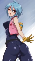 1girl absurdres allenby_beardsley ass bare_shoulders belt blue_bodysuit blue_hair blush bodysuit breasts cameltoe cropped_jacket female_focus from_behind g_gundam gloves green_eyes gundam harigane_shinshi highres large_breasts looking_at_viewer looking_back one_eye_closed open_mouth shiny_clothes shiny_skin short_hair sideboob skin_tight smile solo spandex