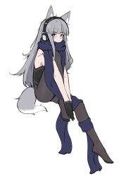 109kpm 1girl alternate_costume animal_ear_fluff animal_ears bkornblume black_gloves black_leotard black_pantyhose blue_eyes blue_scarf closed_mouth fox_ears fox_girl fox_tail full_body gloves grey_hair headphones highres invisible_chair kemonomimi_mode knee_to_chest knee_up leotard long_hair looking_at_viewer no_shoes pantyhose reverse:1999 scarf sitting smile solo tail very_long_hair white_background