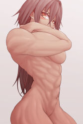 Rule 34 | 1girl, abs, bad anatomy, blush, breasts, brown hair, commentary request, completely nude, convenient censoring, grey background, highres, kozuka (dilettante), long hair, looking at viewer, medium breasts, muscular, muscular female, navel, nude, orange eyes, original, simple background, solo