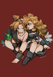 artist_name assertive_female ayla_(chrono_trigger) barefoot blonde_hair blue_eyes boots breasts caveman cavewoman chrono_trigger cleavage couple crop_top curly_hair earrings flower full_body fur_boots fur_scarf fur_skirt fur_wrist_cuffs grey_fur hair_tie hand_on_another&#039;s_head hetero high_ponytail highres hoop_earrings jewelry kino_(chrono_trigger) loincloth long_hair medium_breasts medium_hair necklace one_eye_closed open_mouth parted_bangs ponytail red_background sitting smile uzutanco white_flower wrist_cuffs
