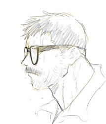 Rule 34 | 1boy, adam&#039;s apple, alternate facial hair, bara, beard stubble, billy russell (dickfish), dickfish (fishismdick), facial hair, from side, glasses, graphite (medium), greyscale, highres, looking ahead, male focus, mature male, monochrome, mustache, original, portrait, profile, shirt, short hair, sketch, solo, stubble, sweat, thick eyebrows, thick mustache, traditional media, unkempt, very sweaty