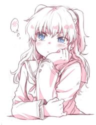 Rule 34 | 1girl, blue eyes, blush, charlotte (anime), closed mouth, frown, furrowed brow, hair between eyes, hand on own cheek, hand on own face, hand up, head rest, hoshinoumi academy school uniform, long hair, long sleeves, misaki juri, school uniform, serafuku, sidelocks, simple background, sketch, solo, speech bubble, spoken blush, thinking, thought bubble, tomori nao, two side up, upper body, white background