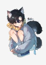 Rule 34 | 1boy, animal ear fluff, animal ears, ankle socks, black hair, blue jacket, blue shoes, blush, cat boy, cat ears, cat tail, commentary request, food, food in mouth, from above, full body, grey shorts, hair between eyes, highres, jacket, knees up, long sleeves, looking at viewer, macaron, male focus, original, paki2000, plaid clothes, plaid scarf, scarf, shoes, short hair, shorts, simple background, sleeves past wrists, snowflake ornament, socks, solo, squatting, tail, translation request, white background, white socks, winter clothes, yellow eyes, yellow scarf