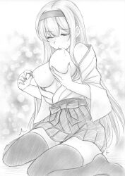 1girl breast_lift breast_sucking breasts breasts_out fd_(fd_sanmaru) female_masturbation grabbing_own_breast graphite_(medium) greyscale hair_between_eyes hakama hakama_short_skirt hakama_skirt headband highres japanese_clothes kantai_collection large_breasts licking_own_nipple long_hair masturbation monochrome nipple_stimulation nipple_tweak one_eye_closed shoukaku_(kancolle) skirt solo sucking_own_breasts thighhighs traditional_media very_long_hair