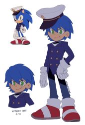 1boy animal_ears animal_nose artist_name blue_coat blue_fur blue_hair blue_pants buttons coat collared_coat fravoccado furry furry_male gloves green_eyes hand_on_own_hip hat hedgehog highres long_sleeves looking_at_viewer multiple_views no_neck pants red_footwear sailor_hat shoes short_hair simple_background smile sneakers socks sonic_(series) sonic_the_hedgehog standing the_murder_of_sonic_the_hedgehog white_background white_gloves white_headwear white_socks
