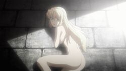 1girl animated animated_gif anime_screenshot ankle_cuffs ass barefoot blonde_hair blue_eyes breasts chain completely_nude covering_breasts covering_privates crawling cuffs freezing_(series) huge_breasts large_breasts long_hair looking_back lowres no_eyewear nude on_floor open_mouth satellizer_el_bridget screencap sideboob solo sunlight thighs