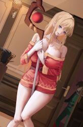 Rule 34 | 1boy, 1girl, alternate costume, aruhi (pyxk7325), bare shoulders, between thighs, blonde hair, blue eyes, breasts, cleavage, cosplay, costume switch, cropped legs, darkness (konosuba), green track suit, highres, holding, holding staff, huge breasts, knees together feet apart, kono subarashii sekai ni shukufuku wo!, lamp, laundry basket, looking at viewer, megumin (cosplay), open door, satou kazuma, smile, staff, surprised, track suit, undersized clothes, weapon between legs, wide-eyed