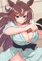 Rule 34 | 1girl, absurdres, ahoge, akizuki shigure, alternate costume, animal ears, breasts, brown hair, cleavage, duramente (umamusume), ear ornament, ear piercing, floral print, hair between eyes, highres, holding, holding paddle, horse ears, horse girl, horse tail, japanese clothes, kimono, large breasts, long hair, long sleeves, looking at viewer, motion blur, multicolored hair, open mouth, paddle, piercing, purple eyes, solo, streaked hair, sweat, table tennis, table tennis paddle, tail, umamusume, upper body, v-shaped eyebrows, white hair, yukata