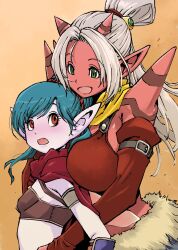 2girls breasts colored_skin demon_girl dragon_quest dragon_quest_x elf_(dq10) green_eyes hair_ornament high_ponytail highres horns large_breasts long_hair maiyu_(dq10) multiple_girls muramasa_mikado ogre_(dq10) open_mouth pointy_ears ponytail red_eyes red_skin scarf simple_background smile spikes tattoo white_hair