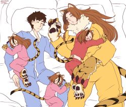 1boy 4girls age_difference animal_ears animal_hands bed black_hair blanket brown_hair cat_ears cat_tail claws cuddling family father_and_daughter gyarusatan height_difference holding_hands hug husband_and_wife jinko_(monster_girl_encyclopedia) large_hands long_hair monster_girl monster_girl_encyclopedia monster_girl_encyclopedia_ii mother_and_daughter multicolored_hair multiple_girls neck_ruff pajamas pillow short_hair size_difference sleeping striped_tail tail tall_female tiger_ears tiger_girl tiger_paws tiger_stripes tiger_tail two-tone_hair