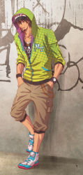 10s 1boy alternate_costume bracelet brown_eyes brown_hair facial_hair graffiti hands_in_pockets hood hoodie jewelry kaburagi_t._kotetsu lunarclinic male_focus necklace shoes sneakers solo stubble tiger_&amp;_bunny urban watch wristwatch