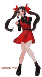 Rule 34 | 1girl, aged down, black hair, black shirt, black socks, blush, clenched hands, dress, floating hair, ha yuri zahard, hair ribbon, heart, heart-shaped pupils, highres, long hair, long sleeves, miniskirt, open mouth, original, red dress, red eyes, red ribbon, red skirt, ribbon, shirt, shoes, simple background, skirt, socks, solo, symbol-shaped pupils, teeth, tower of god, twintails, white background, wy285223