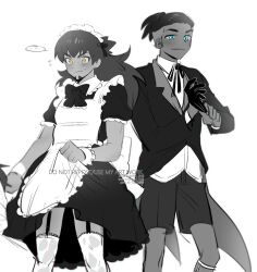 ... 2boys artist_name bad_id bad_twitter_id black_gloves blue_eyes blush butler crossdressing dark-skinned_male dark_skin facial_hair formal_clothes garter_straps gloves high_ponytail leon_(pokemon) long_hair maid maid_headdress male_focus male_maid mongz multiple_boys neck_ribbon nintendo pokemon pokemon_swsh ponytail raihan_(pokemon) ribbon shorts suit yellow_eyes