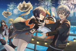 Rule 34 | 1boy, 3girls, aerial fireworks, astra yao, bangboo (zenless zone zero), belle (zenless zone zero), black hair, black pants, black shirt, blonde hair, blue hair, blue jacket, brother and sister, chest harness, city, coat, coat on shoulders, crossed bangs, eous (zenless zone zero), evelyn chevalier, fireworks, green eyes, grey hair, grey skirt, hairband, harness, high-waist pants, highres, jacket, latex pants, long hair, multiple girls, necktie, night, ofuton tamago, open clothes, open jacket, open mouth, outdoors, pants, purple eyes, red shrug, shirt, short hair, siblings, single thighhigh, skirt, smile, sweatdrop, thigh beads, thighhighs, tight clothes, tight pants, white hairband, white shirt, wise (zenless zone zero), yellow necktie, zenless zone zero