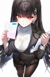 1girl :o absurdres black_hair black_jacket black_pantyhose black_skirt blazer blue_archive breasts highres holding holding_paper jacket large_breasts long_hair long_sleeves looking_at_viewer maru_ccy miniskirt pantyhose paper pleated_skirt red_eyes ribbed_sweater rio_(blue_archive) simple_background skirt solo straight_hair sweater thigh_strap very_long_hair watch white_background white_sweater wristwatch