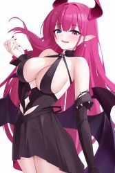 Rule 34 | 1girl, :d, absurdres, arm behind back, azur lane, bare shoulders, black dress, blue eyes, blush, breasts, cleavage, cleavage cutout, clothing cutout, demon girl, demon horns, demon wings, detached sleeves, dress, earrings, fangs, hand up, heterochromia, highres, horns, jewelry, large breasts, leaning back, looking at viewer, mecklenburg (azur lane), nail polish, open mouth, pink eyes, pink hair, red nails, short dress, sideboob, smile, solo, standing, stomach cutout, wings, zerotwenty (020)