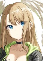 1girl blue_eyes blue_pupils breast_tattoo breasts brown_hair cleavage closed_mouth collarbone commentary_request eunie_(xenoblade) eyelashes head_wings highres large_breasts long_hair okazu2010015 simple_background solo tattoo upper_body white_background wings xenoblade_chronicles_(series) xenoblade_chronicles_3