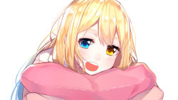 1girl blonde_hair blue_eyes blush female_focus heterochromia highres long_hair looking_at_viewer open_mouth original pillow smile solo teeth the_cold white_background yellow_eyes
