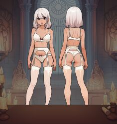 1girl :o ass bare_arms bare_shoulders bra breasts candle church collarbone feet_out_of_frame female_pubic_hair from_behind garter_belt highres indoors medium_breasts medium_hair multiple_views nayt_layt original panties pubic_hair red_eyes skindentation statue thighhighs underwear white_bra white_hair white_panties white_thighhighs