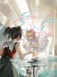 1girl absurdres ame-chan_(needy_girl_overdose) backlighting bandaged_arm bandages blonde_hair blue_eyes blue_hair bow chouzetsusaikawa_tenshi-chan colored_tips dual_persona hair_bow hair_flowing_over hair_tie hallway halo highres jiye_p1 light_reflection_(water) locker looking_at_another multicolored_hair multiple_hair_bows neck_ribbon needy_girl_overdose pink_hair pink_halo quad_tails reflection reflective_water ribbon school school_uniform serafuku short_twintails skirt skylight solo suspender_skirt suspenders twintails white_serafuku