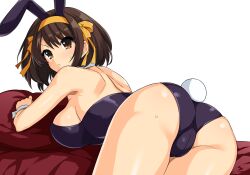 1girl animal_ears ass backless_leotard black_leotard breasts brown_eyes brown_hair closed_mouth fake_animal_ears fake_tail hairband haruhisky highres large_breasts leotard looking_at_viewer looking_back playboy_bunny rabbit_ears rabbit_tail solo suzumiya_haruhi suzumiya_haruhi_no_yuuutsu tail v-shaped_eyebrows variant_set