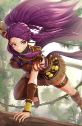 1girl artist_name bracer braid branch breasts brown_eyes cleavage earrings facial_mark female_focus fire_emblem fire_emblem:_three_houses fringe_trim gonzarez highres jewelry jungle long_hair midriff nature nintendo petra_macneary petra_macneary_(timeskip) ponytail purple_hair sandals skirt solo tribal