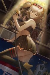 1girl ;) absurdres bar_(place) black_boots black_skirt black_tube_top blonde_hair boots breasts burnice_white burnt_clothes commentary_request eyewear_on_head flamethrower high_heel_boots high_heels highres holding holding_flamethrower holding_weapon indoors korean_commentary large_breasts le_b2772 miniskirt one_eye_closed red_eyes short_hair skirt smile solo strapless sunglasses thigh_boots thighs tube_top twintails weapon zenless_zone_zero