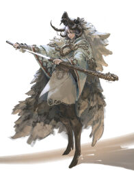 1girl absurdres animal_skull artist_name boots brown_boots brown_eyes brown_hair brown_pants cape closed_mouth commentary dress english_commentary full_body fur_cape hands_up henu_caulfield_joo high_heel_boots high_heels highres holding holding_sheath holding_sword holding_weapon jewelry long_sleeves looking_ahead necklace original pants sheath sheathing simple_background skull_on_head solo sword weapon white_background white_dress wide_sleeves