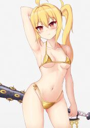Rule 34 | 1girl, ahoge, arm behind head, arm up, bikini, blonde hair, blush, brass knuckles, breasts, closed mouth, club (weapon), commentary, commentary request, english commentary, grey background, groin, hair between eyes, hair intakes, highleg, highleg bikini, highres, holding, holding club, holding weapon, long hair, luciana de montefio, medium breasts, navel, prophosphere, red eyes, side-tie bikini bottom, side ponytail, signature, simple background, solo, standing, swimsuit, weapon, yellow bikini, zenless zone zero