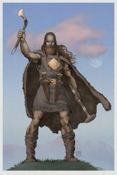 Rule 34 | 1boy, absurdres, axe, blonde hair, braid, cape, christian sloan hall, cloud, full moon, fur cape, grey eyes, hammer, helmet, highres, hill, holding, holding axe, holding hammer, jewelry, leather footwear, moon, muscular, original, sheath, solo, sword, twin braids, weapon