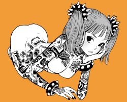 1girl aki001208 arm_support black_nails bracelet canon_(company) closed_mouth company_name eyelashes frown full-body_tattoo full_body highres jewelry lips lipstick logo looking_at_viewer makeup mcdonald&#039;s metallica mitsubishi nail_polish no_nipples nude orange_background original pornhub simple_background skull_tattoo solo sony spiked_bracelet spikes supreme_(brand) tattoo the_north_face thrasher thrasher_magazine twintails youtube