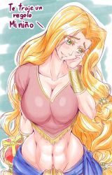 1girl abs blonde_hair blush bracelet breasts chin_piercing cleavage collarbone commentary english_commentary fate/grand_order fate_(series) gift floral_bow green_eyes head_tilt highres holding holding_gift jewelry large_breasts long_hair midriff navel pink_shirt quetzalcoatl_(fate) shirt solo spanish_text upper_body very_long_hair zantyarz