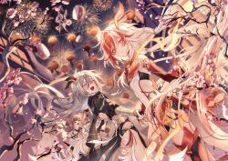 Rule 34 | 3girls, aerial fireworks, black dress, blue eyes, book of fuxi, cherry blossoms, chinese clothes, commentary request, dress, fireworks, flat chest, fu hua, fu hua (garuda), herrscher of sentience, grey hair, highres, holding hands, honkai (series), honkai impact 3rd, lantern, long hair, multicolored hair, multiple girls, night, night sky, outdoors, paper lantern, red eyes, red hair, sky, sky lantern, smile, takakura aki, two-tone hair, very long hair, white dress, white hair
