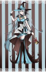 1girl black_bow black_thighhighs black_tiara blue_eyes blush bow breasts cleavage commentary_request dress euhage73 fate/grand_order fate_(series) full_body hair_between_eyes hair_bow hat high_heels highres large_breasts long_hair morgan_le_fay_(fate) morgan_le_fay_(valentine_witches)_(fate) ponytail smile solo thighhighs tiara very_long_hair white_hair witch_hat