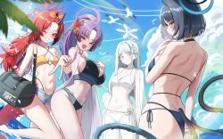 4girls absurdres ass back beach bikini bikini_under_shorts bird black_bikini black_eyes black_hair black_horns black_tail blue_archive blue_halo blue_sky blurry blush braid breasts bright_pupils cleavage cloud cloudy_sky denim denim_shorts depth_of_field from_behind gyaru_v halo halterneck haori highres horns hyakkaryouran_(blue_archive) japanese_clothes kikyou_(blue_archive) kikyou_(swimsuit)_(blue_archive) large_breasts layered_bikini median_furrow medium_breasts multiple_girls nagusa_(blue_archive) nagusa_(swimsuit)_(blue_archive) navel o-ring o-ring_top ocean official_alternate_costume official_alternate_hairstyle one_eye_closed open_clothes open_mouth open_shorts outdoors ponytail purple_eyes purple_hair purple_halo red_hair red_halo renge_(blue_archive) renge_(swimsuit)_(blue_archive) seagull shorts side-tie_bikini_bottom side_braid sideboob sideways_glance single_braid single_horn skindentation sky small_breasts smile suisen_(suisenhwa) swimsuit v white_bikini white_hair white_halo white_haori white_pupils yellow_bikini yukari_(blue_archive) yukari_(swimsuit)_(blue_archive)
