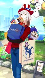 1boy american_flag american_flag_hat american_flag_print aqua_eyes asymmetrical_hair bag balloon belt black_belt black_gloves blue_pants blue_sky bridge building burger buttons character_doll city cloud collared_shirt commentary day earrings eating fate/extra fate/extra_ccc fate/grand_order fate_(series) feet_out_of_frame flag_print flower food food_on_face fou_(fate) gloves gold_earrings grass hat helena_blavatsky_(fate) hippogriff_(fate) holding holding_bag holding_food jewelry jinako_carigiri karna_(fate) karna_(traveling_outfit)_(fate) kundala_(fate) looking_to_the_side male_focus medium_hair medjed_(fate) nikola_tesla_(fate) official_art orange_flower outdoors pako_(pakosun) pale_skin pants pez puppet red_hat red_shirt shirt shopping_bag sky sleeves_rolled_up solo standing striped_hat sunlight third-party_source thomas_edison_(fate) top_hat tree white_hair white_hat