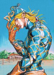 1boy araki_hirohiko_(style) argyle_clothes argyle_sweater blonde_hair blood blood_on_clothes blood_on_face blue_eyes blue_helmet blue_sweater brown_gloves brown_pants diego_brando dim_7976 dinosaur gloves helmet highres jojo_no_kimyou_na_bouken long_hair mountainous_horizon pants scary_monsters_(stand) steel_ball_run sweater yellow_sweater